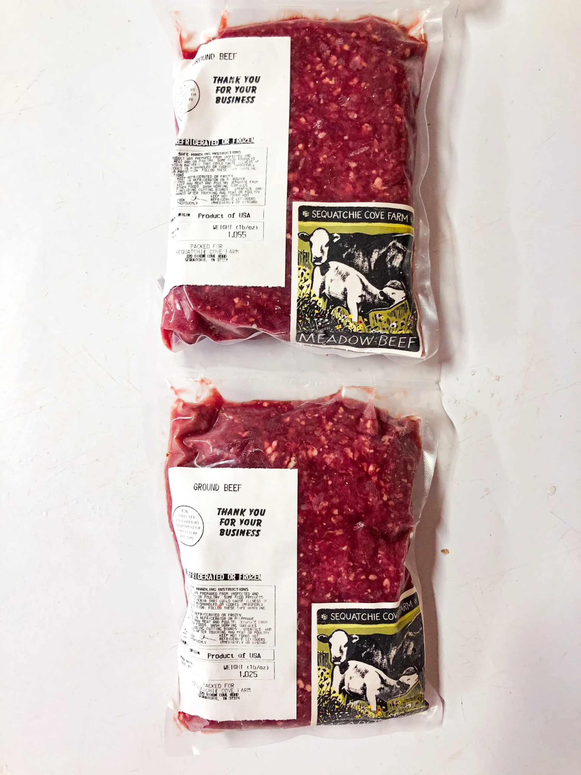Two packages of ground beef from Sequatchie Cove Farm, labeled with product information and weight. Each package contains approximately 1.05 pounds of fresh, locally sourced beef, highlighting its origin and quality.