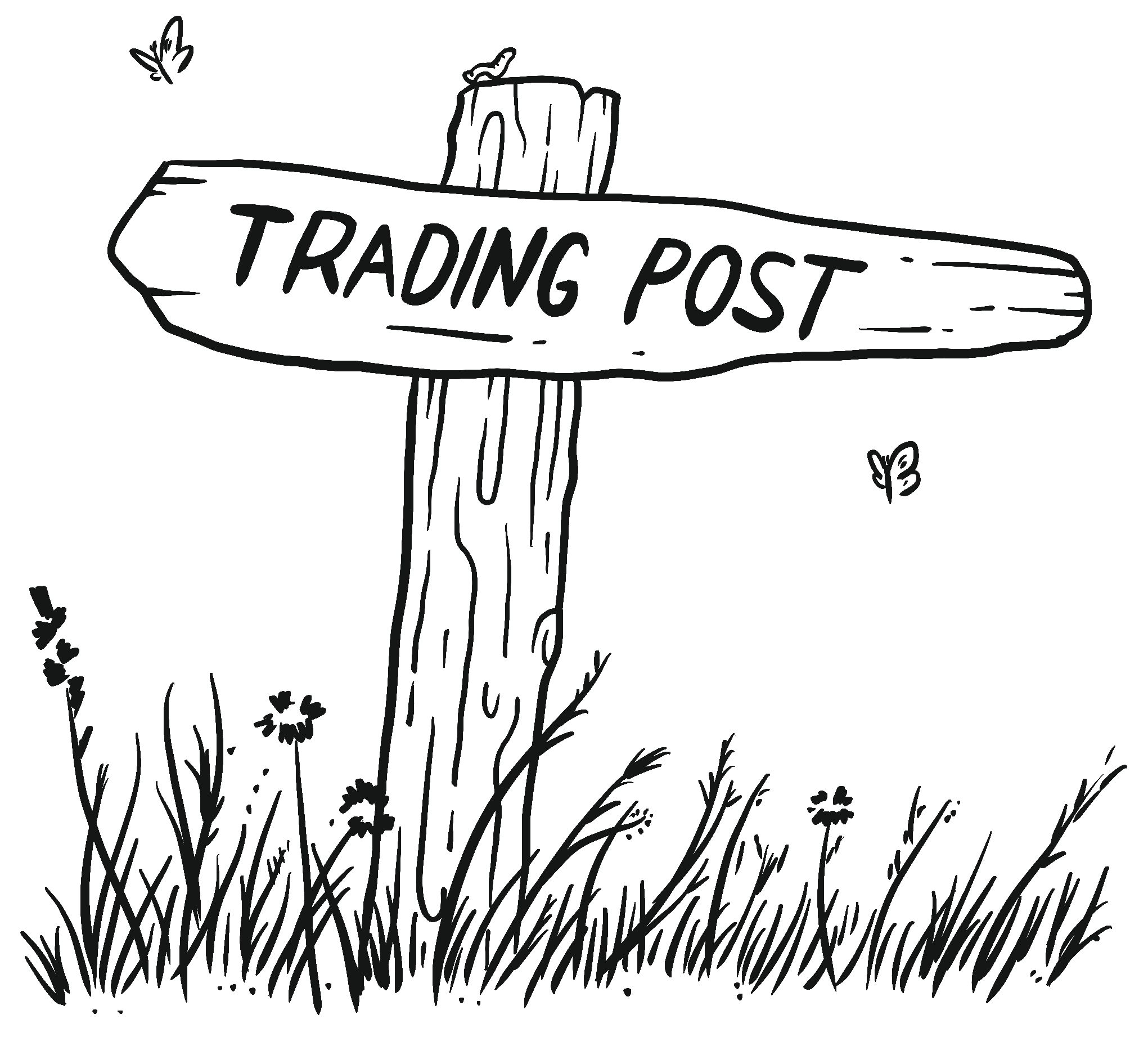 Wooden signpost labeled "Trading Post" surrounded by grass and wildflowers, depicting a rustic trading post atmosphere.